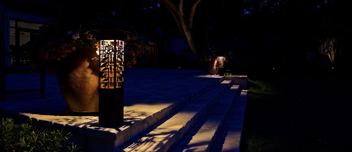 A light on a stone walkway